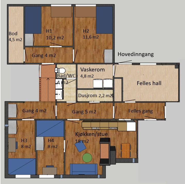 Plan over leiligheten som går over to halvplan.